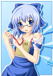 Rule 34 | 1girl, bare shoulders, bespectacled, blue dress, blue eyes, blue hair, book, bow, bra strap, cirno, dress, dress shirt, glasses, hair bow, highres, matching hair/eyes, neats, off shoulder, pinafore dress, shirt, sleeveless dress, solo, touhou, wings