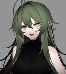 1girl ahoge alternate_costume arknights black_background close-up crocodilian_tail gavial_(arknights) green_hair grey_background long_hair looking_at_viewer ozeu0916 pointy_ears solo tail teeth yellow_eyes