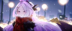 Rule 34 | 1girl, ahoge, alternate costume, black coat, blue archive, blurry, breath, building, coat, commentary request, demon girl, demon horns, demon wings, depth of field, forehead, fur-trimmed coat, fur trim, hair ornament, hairclip, highres, hina (blue archive), horns, kis sako, lamppost, long hair, long sleeves, looking at viewer, outdoors, parted bangs, parted lips, purple eyes, red scarf, scarf, sidelocks, skyline, skyscraper, snowing, solo, visible air, wavy hair, white hair, wind, wings, winter clothes, winter coat