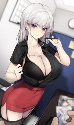 Rule 34 | 1girl, analog clock, belfast (azur lane), black bra, black shirt, blurry, blurry background, body writing, bra, breasts, brown eyes, chair, cleavage, clock, closed mouth, collarbone, collared shirt, commentary, ddangbi, depth of field, desk, earrings, flashing, hand up, highres, holding, holding pen, indoors, jewelry, large breasts, long hair, looking at viewer, office, office chair, office lady, open clothes, open shirt, original, pen, pencil skirt, pov, pov hands, red skirt, shirt, shirt tucked in, short sleeves, skirt, smile, solo focus, standing, sticky note, swivel chair, thighhighs, underwear, white hair, wing collar, writing on breasts