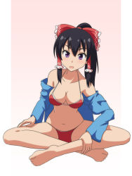 Rule 34 | 1girl, :d, bare shoulders, barefoot, bikini, black hair, blue jacket, bow, breasts, cato (monocatienus), cleavage, commentary request, full body, gradient background, hair between eyes, hair bow, hair tubes, hakurei reimu, hand on own leg, jacket, long hair, looking at viewer, medium breasts, navel, off shoulder, open mouth, ponytail, purple eyes, red bikini, simple background, sitting, smile, solo, stomach, swimsuit, touhou