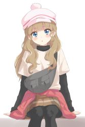 Rule 34 | 1girl, :o, arm support, black pantyhose, black shirt, blue eyes, blunt bangs, blush, brown skirt, cabbie hat, clothes around waist, cowboy shot, crescent, crescent earrings, earrings, fanny pack, grey bag, hat, highres, jewelry, light brown hair, long sleeves, looking at viewer, mewkledreamy, miniskirt, open mouth, pantyhose, pink hat, pink sweater, pom pom (clothes), shirt, shirt under shirt, short sleeves, simple background, sincos, single stripe, sitting, skirt, solo, star (symbol), star and crescent, star earrings, star in eye, sweater, sweater around waist, symbol in eye, t-shirt, tsukishima maira, undershirt, wavy hair, white background, white shirt