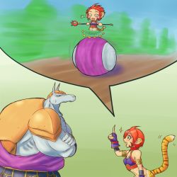 Rule 34 | 1girl, animal ears, breasts, breath of fire, breath of fire ii, cat ears, facial mark, green eyes, highres, rand marks, red hair, rinpoo chuan, short hair, small breasts, staff, tail, torisei8