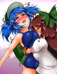 Rule 34 | 2girls, backpack, bag, bearhug, bird wings, black wings, blue eyes, blue hair, blush, bow, breast smother, breasts, brown hair, covered erect nipples, closed eyes, hair bobbles, hair bow, hair ornament, hat, highres, kawashiro nitori, large breasts, multiple girls, one-piece swimsuit, puffy sleeves, reiuji utsuho, revision, ryona, saliva, school swimsuit, shirt, skirt, swimsuit, tears, touhou, twintails, two side up, wings, yazuki gennojou, yuri