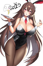 Rule 34 | 1girl, 2023, ahoge, animal ears, bad id, bad twitter id, bare shoulders, between breasts, black leotard, breasts, brown hair, brown pantyhose, champagne flute, character request, check character, cleavage, counter:side, covered navel, cup, detached collar, drinking glass, fake animal ears, groin, hair ornament, hands up, highleg, highleg leotard, highres, huge breasts, leotard, long hair, looking at viewer, lumi (counter:side), migu (iws2525), mole, mole on thigh, necktie, necktie between breasts, open mouth, pantyhose, pink eyes, playboy bunny, poker chip, rabbit ears, simple background, smile, solo, strapless, strapless leotard, tray, very long hair, white background, wrist cuffs