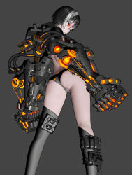 Rule 34 | 1girl, 3d, armor, ass, asymmetrical legwear, back, bikini, bikini bottom only, black bikini, black hair, black thighhighs, buckle, clenched hand, contrapposto, cowboy shot, from behind, gauntlets, glowing, glowing eyes, grey background, highres, hose, kinon astalisk, mechanical arms, multicolored hair, original, parted lips, pouch, power armor, red eyes, revealing clothes, short hair, silver hair, simple background, solo, streaked hair, string, swimsuit, thigh pouch, thighhighs, thighs, uneven legwear