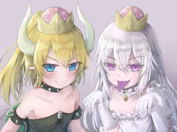 Rule 34 | 2girls, aged down, armlet, black dress, blonde hair, blue eyes, blush, bowsette, breasts, brown background, collar, commentary, crown, dress, elbow gloves, english commentary, fangs, frilled dress, frilled gloves, frills, gloves, gradient background, grey background, grin, hair between eyes, hands up, highres, hikari niji, horns, long hair, looking at viewer, luigi&#039;s mansion, mario (series), mini crown, multiple girls, new super mario bros. u deluxe, nintendo, pointy ears, ponytail, princess king boo, puffy short sleeves, puffy sleeves, purple eyes, sharp teeth, short sleeves, silver hair, small breasts, smile, spiked armlet, spiked collar, spikes, strapless, strapless dress, super crown, teeth, tongue, tongue out, twitter username, v-shaped eyebrows, very long hair, white dress, white gloves