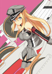 Rule 34 | 10s, 1girl, bad id, bad nicoseiga id, bismarck (kancolle), blonde hair, blue eyes, blush, breasts, cccpo, detached sleeves, gloves, grey thighhighs, hat, kantai collection, large breasts, long hair, looking at viewer, military, military hat, military uniform, peaked cap, personification, solo, thighhighs, uniform