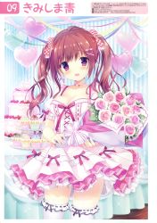 Rule 34 | 1girl, absurdres, black ribbon, bouquet, breasts, brown hair, cake, cleavage, collarbone, dress, eyebrows, flower, food, hair ribbon, heart, highres, holding, holding bouquet, jewelry, kimishima ao, lace, lace-trimmed legwear, lace trim, long hair, medium breasts, necklace, open mouth, original, purple eyes, ribbon, solo, thighhighs, twintails, white thighhighs