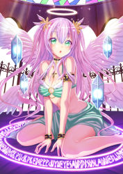 Rule 34 | 1girl, angel, angel wings, armlet, bad id, bad pixiv id, bare arms, bare legs, bare shoulders, between legs, blush, bracelet, breasts, chain, choker, cleavage, collarbone, commentary request, cross, crystal, eyelashes, feathered wings, fingernails, green eyes, hair between eyes, hair ornament, halo, hand between legs, hands on floor, highres, jewelry, long fingernails, long hair, looking at viewer, magic circle, medium breasts, multiple wings, original, pink hair, seiza, seraph, sitting, skirt, solo, sparkle, spread wings, strapless, tenzeru, tube top, two side up, very long hair, white wings, wings