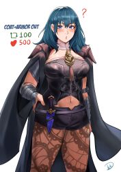 Rule 34 | 1girl, ?, absurdres, belt, black shorts, blue eyes, blue hair, blush, breasts, byleth (female) (fire emblem), byleth (fire emblem), clothing cutout, commentary, cowboy shot, dagger, deliciousbrain, fire emblem, fire emblem: three houses, heart, highres, knife, large breasts, looking at viewer, navel, navel cutout, nintendo, pantyhose, parted lips, sheath, sheathed, short shorts, shorts, solo, standing, thighs, vambraces, weapon