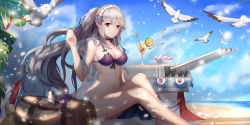 Rule 34 | 1girl, azur lane, bag, beach, bikini, bird, black choker, blue sky, breasts, butterfly hair ornament, cannon, chinese commentary, choker, closed mouth, cloud, cloudy sky, cocktail, cocktail glass, commentary request, cup, day, dove, drinking glass, dunkerque (azur lane), dunkerque (summer sucre) (azur lane), earbuds, earphones, expressionless, food, front-tie bikini top, front-tie top, grey hair, hair between eyes, hair ornament, hairband, highres, large breasts, long hair, looking at viewer, lotion, macaron, moyude wangzi jiang, navel, ocean, outdoors, palm leaf, ponytail, red eyes, rigging, sand, shade, shadow, sidelocks, sitting, sky, solo, stomach, sunscreen, swimsuit, water