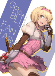 Rule 34 | 10s, 1girl, ;d, holding behind back, belt, blonde hair, blue background, boots, bow, brown eyes, brown footwear, brown gloves, buckle, buttons, collarbone, copyright name, cowboy shot, djeeta (granblue fantasy), dress, elbow gloves, fighter (granblue fantasy), gauntlets, gift, gloves, granblue fantasy, hair intakes, holding, holding gift, leaning forward, looking at viewer, looking to the side, mkd78236, one eye closed, open mouth, panties, pantyshot, pink bow, pink dress, puffy short sleeves, puffy sleeves, round teeth, sheath, sheathed, short hair, short sleeves, simple background, smile, solo, standing, sword, tareme, teeth, thigh boots, thighhighs, two-tone background, underwear, valentine, weapon, white background, white panties