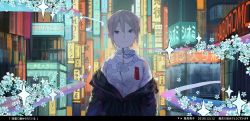 Rule 34 | 1girl, :3, abstract, absurdres, black eyes, building, character name, clothes down, coat, commentary request, dated, earrings, flower, grey hair, hair between eyes, highres, idolmaster, idolmaster cinderella girls, jewelry, looking at viewer, neon lights, parted bangs, shioda (shioda 5), shiomi syuko, short hair, sign, smile, solo, song name, sparkle, sweater, translation request, upper body, zipper