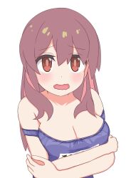 Rule 34 | 1girl, absurdres, arms under breasts, bare arms, bare shoulders, blue one-piece swimsuit, blush, breasts, brown eyes, brown hair, colored inner hair, commentary, fley0205, hair between eyes, hair down, highres, large breasts, long hair, looking at viewer, multicolored hair, murosaki miyo, name tag, one-piece swimsuit, onii-chan wa oshimai!, open mouth, red hair, school swimsuit, simple background, solo, strap slip, swimsuit, two-tone hair, upper body, wavy mouth, white background