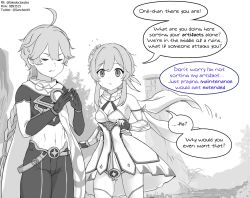 Rule 34 | 1boy, 1girl, aether (genshin impact), alph (sancheck), brother and sister, english text, genshin impact, greyscale, highres, lumine (genshin impact), monochrome, siblings, simple background, speech bubble, white background