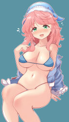 1girl :d absurdres bikini blue_background blue_bikini blue_shirt blush breasts commentary_request feet_out_of_frame flying_sweatdrops green_eyes highres invisible_chair large_breasts looking_at_viewer lykesya medium_hair navel nose_blush okunoda_miyoi open_mouth pink_hair shirt shirt_partially_removed simple_background sitting smile solo swimsuit touhou wavy_hair whale_hat