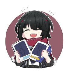 Rule 34 | 1boy, :d, ^ ^, black hair, black jacket, blush, brown background, chibi, closed eyes, commentary request, cropped torso, earrings, facing viewer, fangs, hair between eyes, hands up, highres, holding, jacket, jewelry, long sleeves, male focus, mashiro meme, mashiro meme (1st costume), nail polish, nijisanji, notice lines, nozo (hitomiz), open mouth, red nails, round image, safety pin, shirt, smile, solo, stud earrings, suspenders, two-tone background, two side up, upper body, virtual youtuber, white background, white shirt