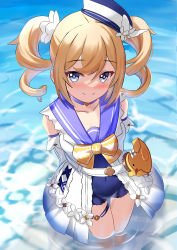 Rule 34 | 1girl, absurdres, animal bag, art itou, barbara (genshin impact), barbara (summertime sparkle) (genshin impact), beach, bird, blonde hair, blue choker, blue eyes, blue one-piece swimsuit, blush, choker, closed mouth, commentary request, covered navel, drill hair, duck, from above, genshin impact, hat, high-waist shorts, highres, looking at viewer, official alternate costume, one-piece swimsuit, partially submerged, sailor hat, shorts, smile, swimsuit, thigh strap, thighs, twin drills, wading, water, white headwear