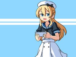 Rule 34 | 1girl, blonde hair, blue background, blue eyes, blue sailor collar, cellphone, commentary, cowboy shot, dress, english commentary, gloves, hat, holding, holding phone, jervis (kancolle), kantai collection, looking at viewer, one-hour drawing challenge, phone, sailor collar, sailor dress, sailor hat, sixten, smartphone, smile, solo, two-tone background, white dress, white gloves, white hat