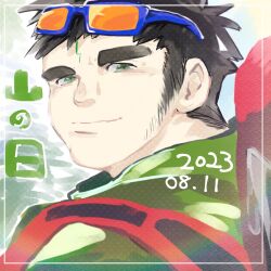 Rule 34 | 1boy, bara, dated, facial hair, facial mark, forehead mark, green eyes, highres, huge eyebrows, light blush, looking to the side, male focus, portrait, romei kenbai, short hair, sideburns stubble, smile, solo, stubble, sunglasses, tokyo houkago summoners, translation request, zao (housamo)