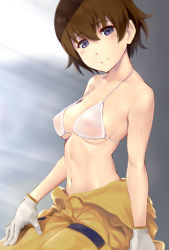 Rule 34 | 1girl, bare shoulders, bikini, bikini top only, blush, breasts, brown hair, closed mouth, covered erect nipples, girls und panzer, gloves, grey background, hair between eyes, hand on own thigh, highres, jumpsuit, looking at viewer, navel, short hair, small breasts, smile, solo, strap gap, string bikini, swimsuit, tsuchiya (girls und panzer), underboob, wa (genryusui), white bikini, white gloves