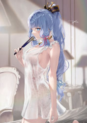 Rule 34 | 1girl, absurdres, alternate costume, ayaka (genshin impact), bedroom, blue eyes, blue hair, blunt bangs, blush, breasts, cowboy shot, dress, folded fan, folding fan, frills, from side, genshin impact, gold choker, hair ornament, hair ribbon, hand fan, hand up, highres, holding, holding fan, kneeling, lace, lace dress, light blue hair, lingerie, long hair, looking at viewer, medium breasts, mole, mole under eye, negligee, nightgown, parted lips, ponytail, ribbon, see-through, see-through dress, sidelocks, signature, sleepwear, solo, tassel, tress ribbon, underwear, white dress, white negligee, white nightgown, yabacha