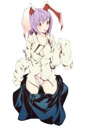 Rule 34 | 1girl, age regression, animal ears, bad id, bad pixiv id, rabbit ears, child, clothes pull, dress shirt, female focus, long hair, oversized clothes, panties, purple hair, red eyes, reisen udongein inaba, shirt, skirt, skirt pull, solo, sousou (sousouworks), touhou, underwear, aged down
