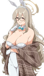 Rule 34 | 1girl, absurdres, akane (blue archive), akane (bunny) (blue archive), animal ears, aqua bow, aqua bowtie, bare shoulders, black-framed eyewear, blue archive, bow, bowtie, breasts, brown eyes, brown hair, cleavage, collarbone, fake animal ears, glasses, gloves, hair between eyes, halo, highres, himwi, large breasts, leotard, looking at viewer, official alternate costume, pantyhose, playboy bunny, rabbit ears, simple background, smile, solo, white background, white gloves, white leotard, white pantyhose