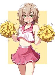 Rule 34 | 1girl, alternate costume, bare shoulders, blush, brown hair, cheerleader, collarbone, colored eyelashes, commentary request, cowboy shot, embarrassed, eyes visible through hair, full-face blush, green eyes, hair between eyes, hair intakes, hands up, highres, holding, holding pom poms, long hair, looking at viewer, low side ponytail, mikuni sairi, miniskirt, motion lines, navel, open mouth, pleated skirt, pom pom (cheerleading), pom poms, raised eyebrows, red shirt, red skirt, sesen2000, shirt, simple background, skirt, sleeveless, sleeveless shirt, solo, tenshi souzou re-boot!, thick eyebrows, tsurime, two-tone background, two-tone shirt, w arms, white background, yellow background