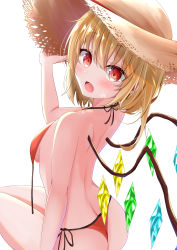 Rule 34 | 1girl, absurdres, ass, back, bare arms, bare shoulders, bikini, blonde hair, breasts, brown hat, ekidona, fang, flandre scarlet, from behind, halterneck, hat, highres, long hair, looking at viewer, looking back, open mouth, red bikini, red eyes, side-tie bikini bottom, simple background, sitting, small breasts, solo, straw hat, string bikini, swimsuit, touhou, untied bikini, white background