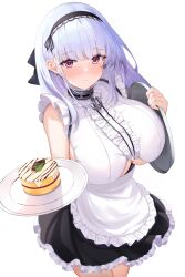 Rule 34 | 1girl, absurdres, apron, azur lane, bare shoulders, black dress, blunt bangs, blush, breasts, cake, chocolate, closed mouth, commentary request, dido (azur lane), dress, food, grey hair, hair ribbon, hairband, highres, holding, holding plate, holding tray, huge breasts, kanno esuto, large breasts, long hair, looking at viewer, maid, maid apron, plate, purple eyes, ribbon, simple background, sleeveless, sleeveless dress, solo, standing, tray, underboob, white background, white hair