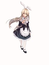 Rule 34 | 1girl, absurdres, alternate costume, animal ears, apron, bad id, bad pixiv id, black dress, black footwear, blonde hair, blush, breasts, cleavage, cosplay, detached sleeves, dress, enmaided, flower, frilled apron, frills, full body, grey eyes, hair between eyes, highres, himeyamato, kantai collection, long hair, maid, maid apron, maid headdress, multiple girls, open mouth, ponytail, rabbit ears, re:zero kara hajimeru isekai seikatsu, shimakaze (kancolle), shoes, simple background, small breasts, smile, solo, waist apron, white apron, white background