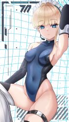 Rule 34 | 1girl, absurdres, black gloves, blonde hair, blue archive, blue bow, blue bowtie, blue eyes, blue leotard, bow, bowtie, braid, breasts, commentary, earpiece, elbow gloves, english commentary, fingerless gloves, gloves, highleg, highleg leotard, highres, leotard, maid headdress, microphone, multicolored hair, pinku life, sleeveless turtleneck leotard, small breasts, solo, streaked hair, thighhighs, toki (blue archive), two-tone leotard