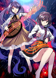 Rule 34 | &gt;:), &gt;:d, 2girls, :d, absurdly long hair, barefoot, biwa lute, black hair, black skirt, blue eyes, brown dress, brown eyes, collared shirt, dress, e.o., full body, hairband, highres, instrument, long hair, long sleeves, looking at viewer, low twintails, lute (instrument), multiple girls, musical note, open mouth, purple hair, quaver, shirt, short hair, siblings, sisters, skirt, smile, staff (music), star (symbol), touhou, tsukumo benben, tsukumo yatsuhashi, twintails, v-shaped eyebrows, very long hair, white shirt