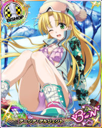 Rule 34 | 1girl, arm support, asia argento, bikini, bikini under clothes, bishop (chess), blonde hair, boots, breasts, card (medium), character name, chess piece, day, gloves, goggles, goggles on head, green eyes, hat, high school dxd, high school dxd born, long hair, looking at viewer, medium breasts, navel, no pants, official art, one eye closed, open clothes, open mouth, pink bikini, sitting, snowboard, solo, swimsuit, trading card, very long hair, winter clothes