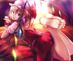 Rule 34 | 1girl, bad id, bad pixiv id, barefoot, blonde hair, fang, feet, flandre scarlet, hat, hat ribbon, highres, hizagawa rau, legs up, looking at viewer, looking back, lying, mob cap, on stomach, open mouth, pointy ears, puffy short sleeves, puffy sleeves, red eyes, ribbon, shirt, short sleeves, side ponytail, skirt, skirt set, smile, soles, solo, the pose, toes, touhou, vest, wings, wrist cuffs