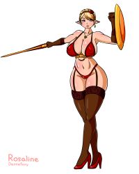 Rule 34 | 1girl, bikini, blonde hair, blue eyes, breasts, cleavage, curvy, deonefairy, earrings, female focus, full body, garter belt, gloves, hair ornament, hairband, high heels, highres, jewelry, large breasts, looking at viewer, navel, necklace, original, pointy ears, red bikini, shield, shoes, simple background, solo, standing, swimsuit, sword, thick thighs, thighhighs, thighs, weapon, white background, wide hips