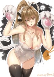 Rule 34 | 10s, 1girl, alternate costume, amagi brilliant park, animal hands, areola slip, artist name, bare shoulders, black thighhighs, blush, breasts, brown eyes, brown hair, cat tail, collarbone, covered navel, gloves, hews, kittysuit, large breasts, leotard, long hair, looking at viewer, nontraditional playboy bunny, open mouth, paw gloves, paw pose, playboy bunny, ponytail, sento isuzu, solo, tail, thigh gap, thighhighs