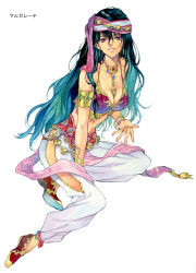 Rule 34 | 1girl, agahari, anklet, aqua hair, arabian clothes, arm support, armlet, bare shoulders, beads, between breasts, black hair, bra, bracelet, breasts, character request, circlet, clothing cutout, coin (ornament), collarbone, earrings, full body, gem, hair between eyes, harem outfit, harem pants, head scarf, jewelry, long hair, looking at viewer, lost technology, margarethe (lost technology), navel, necklace, non-web source, outstretched hand, pants, purple bra, purple eyes, red footwear, shoe soles, shoes, side cutout, simple background, sitting, smile, solo, spaghetti strap, tassel, underwear, very long hair, white background, yokozuwari