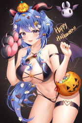 Rule 34 | 1girl, :d, animal hands, arm strap, bare shoulders, bikini, black bikini, blue hair, breasts, candy, cleavage, collarbone, cowboy shot, criss-cross halter, fang, food, ganyu (genshin impact), genshin impact, gloves, goat horns, hair ornament, halloween, halloween bucket, halterneck, hands up, happy halloween, highres, horns, jack-o&#039;-lantern, large breasts, leaning forward, long hair, looking at viewer, low ponytail, mole, mole on breast, mole on thigh, multi-strapped bikini, nail art, nail polish, navel, open mouth, paw gloves, pumpkin, purple eyes, smile, solo, ssong2, standing, stomach, string bikini, swimsuit, thigh strap, thighs, wings