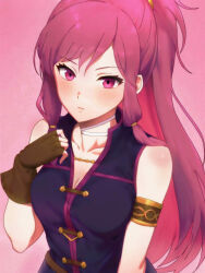 1girl absurdres armlet bare_shoulders blush brown_gloves closed_mouth collarbone fingerless_gloves fire_emblem fire_emblem:_the_sacred_stones gloves goromochan highres jewelry long_hair looking_at_viewer marisa_(fire_emblem) nintendo pink_eyes pink_hair ponytail sleeveless solo upper_body