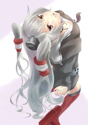 Rule 34 | 10s, 1girl, amatsukaze (kancolle), endou (zettai bluenoid), endouvocalotyu, from behind, hair tubes, highres, kantai collection, kneeling, leaning back, long hair, long sleeves, looking at viewer, looking up, open mouth, silver hair, solo, thighhighs, two side up, very long hair