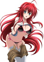 Rule 34 | 10s, 1girl, ahoge, black bra, black thighhighs, blue eyes, blush, bra, breasts, cleavage, clothes lift, extraction, female focus, high school dxd, large breasts, long hair, looking at viewer, navel, open mouth, panties, red hair, rias gremory, shirt lift, shorts, side-tie panties, sideboob, solo, swimsuit, swimsuit under clothes, thighhighs, transparent background, underboob, underwear, white thighhighs