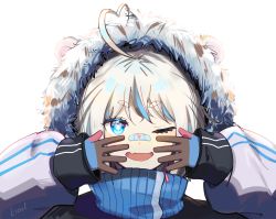 Rule 34 | 1girl, ahoge, artist name, bandage on face, bandages, blue eyes, byakko, chinese new year, chinese zodiac, commentary, english commentary, fang, fur trim, gloves, hands up, heart, heart ahoge, highres, hood, hood up, jacket, long sleeves, looking at viewer, multicolored clothes, multicolored gloves, nengajou, new year, one eye closed, open mouth, original, portrait, puffy long sleeves, puffy sleeves, rainry, simple background, skin fang, sleeves past wrists, smile, solo, straight-on, tiger girl, white background, white hair, year of the tiger
