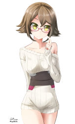 Rule 34 | 10s, 1girl, 2014, alternate costume, arm behind back, bad id, bad pixiv id, bespectacled, blush, brown hair, cowboy shot, dated, glasses, highres, kantai collection, mutsu (kancolle), nekobaka, off shoulder, red-framed eyewear, ribbed sweater, short hair, simple background, solo, sweater, twitter username, white background, yellow eyes