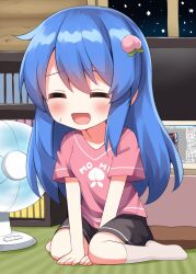 Rule 34 | 1girl, :d, alternate costume, black skirt, blue hair, bookshelf, breasts, closed eyes, commentary request, food-themed hair ornament, full body, hair ornament, highres, hinanawi tenshi, indoors, night, no headwear, open mouth, peach hair ornament, pink shirt, ruu (tksymkw), shirt, sitting, skirt, small breasts, smile, solo, star (sky), touhou, wariza, window