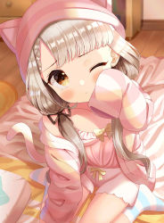 Rule 34 | 1girl, absurdres, animal ears, animal hood, black ribbon, blush, braid, braided bangs, brown eyes, camisole, cat ears, cat hood, cat tail, commentary request, fake animal ears, grey hair, hair over shoulder, hair ribbon, hand up, head tilt, highres, hisakawa nagi, hood, idolmaster, idolmaster cinderella girls, jacket, long hair, long sleeves, looking at viewer, low twintails, no shoes, one eye closed, pink camisole, pink shorts, ribbon, short shorts, shorts, sitting, sleeves past fingers, sleeves past wrists, socks, solo, striped clothes, striped jacket, striped socks, tail, tears, twintails, very long hair, wariza, wooden floor, yata (yatao zzz)