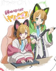 Rule 34 | 2girls, animal ear headphones, animal ears, blonde hair, blue archive, blue necktie, bow, cat ear headphones, collared shirt, fake animal ears, green eyes, hair bow, halo, headphones, highres, holding, holding stylus, holding tablet pc, hood, hooded jacket, jacket, keyboard (computer), midori (blue archive), minowa sukyaru, momoi (blue archive), multiple girls, necktie, off shoulder, on chair, open clothes, open jacket, oversized clothes, parted bangs, pink eyes, pointing, shirt, sitting, stylus, tablet pc, typing, white background, white shirt