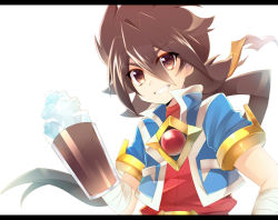 Rule 34 | 1boy, bandaged arm, bandages, blue coat, brown eyes, brown hair, coat, cup, drinking glass, grin, holding, holding cup, holding drinking glass, ice, ichibanboshi no rei, letterboxed, looking at viewer, male focus, red shirt, rento (rukeai), saikyou ginga ultimate zero ~battle spirits~, shirt, short sleeves, simple background, smile, solo, spiked hair, white background